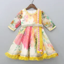 Online Adorable Blooming Flowers Printed Asymmetric Ruffle Hem Anarkali With Pearls Lace Detail Attached Dupatta Ethnic Wear | Sarees & Anarkalis