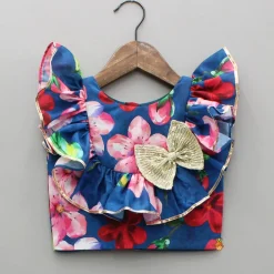 Discount Adorable Bow Enhanced Floral Printed Navy Blue Top And Lehenga Ethnic Wear | Lehengas & Ghagras
