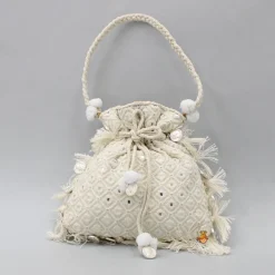 Outlet Adorable Faux Mirror Embroidered Off White Potli Bag Bags
