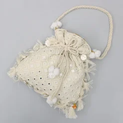 Outlet Adorable Faux Mirror Embroidered Off White Potli Bag Bags