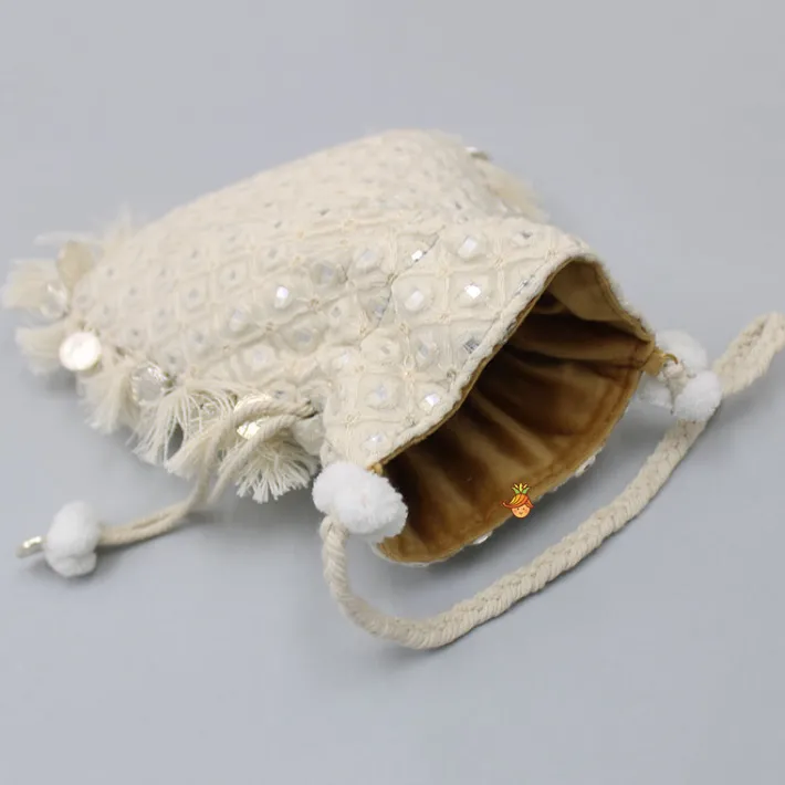 Outlet Adorable Faux Mirror Embroidered Off White Potli Bag Bags