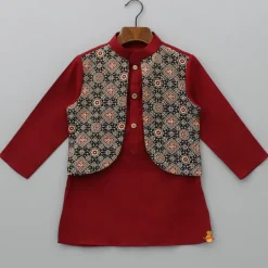 Online Ajrakh Printed Jacket Style Maroon Kurta And Pyjama BOY Indian Ethnic Wear | Ethnic Sets