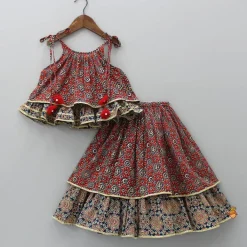Discount Ajrakh Printed Layered Top With Lehenga Ethnic Wear | Lehengas & Ghagras