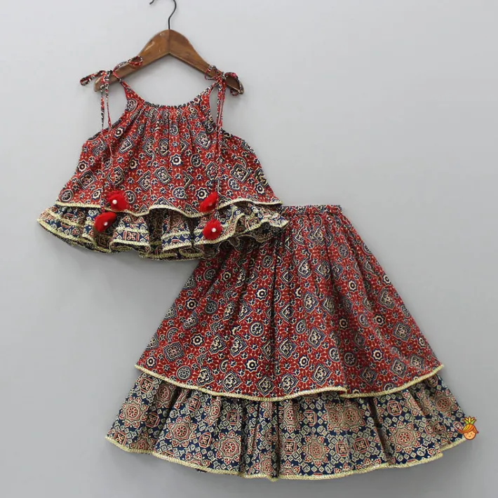 Discount Ajrakh Printed Layered Top With Lehenga Ethnic Wear | Lehengas & Ghagras