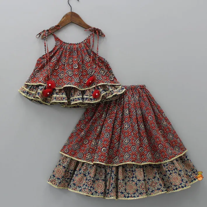Discount Ajrakh Printed Layered Top With Lehenga Ethnic Wear | Lehengas & Ghagras