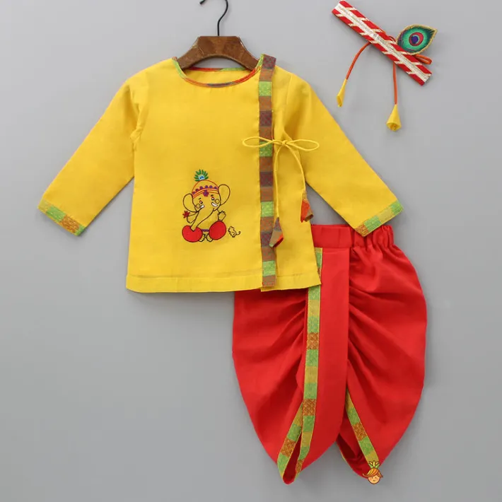 Sale Angarkha Style Yellow Kurta And Dhoti With Mukut BOY Indian Ethnic Wear | Ethnic Sets