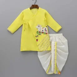Online Animal Embroidered Angarkha Style Yellow Kurta With Lace Work Dhoti BOY Indian Ethnic Wear | Ethnic Sets