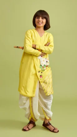 Online Animal Embroidered Angarkha Style Yellow Kurta With Lace Work Dhoti BOY Indian Ethnic Wear | Ethnic Sets