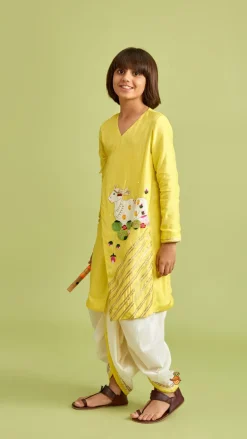 Online Animal Embroidered Angarkha Style Yellow Kurta With Lace Work Dhoti BOY Indian Ethnic Wear | Ethnic Sets