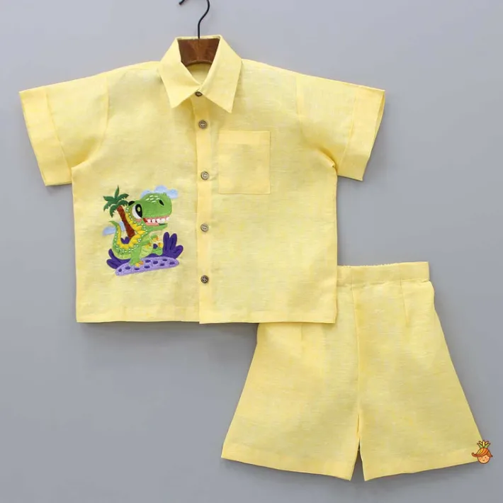 Best Animal Embroidered Yellow Shirt And Shorts BOY Sets