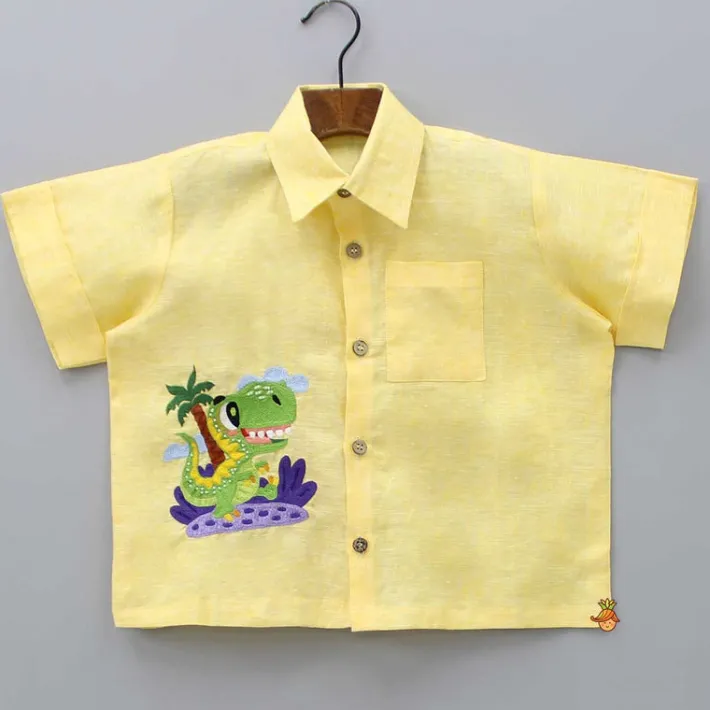 Best Animal Embroidered Yellow Shirt And Shorts BOY Sets
