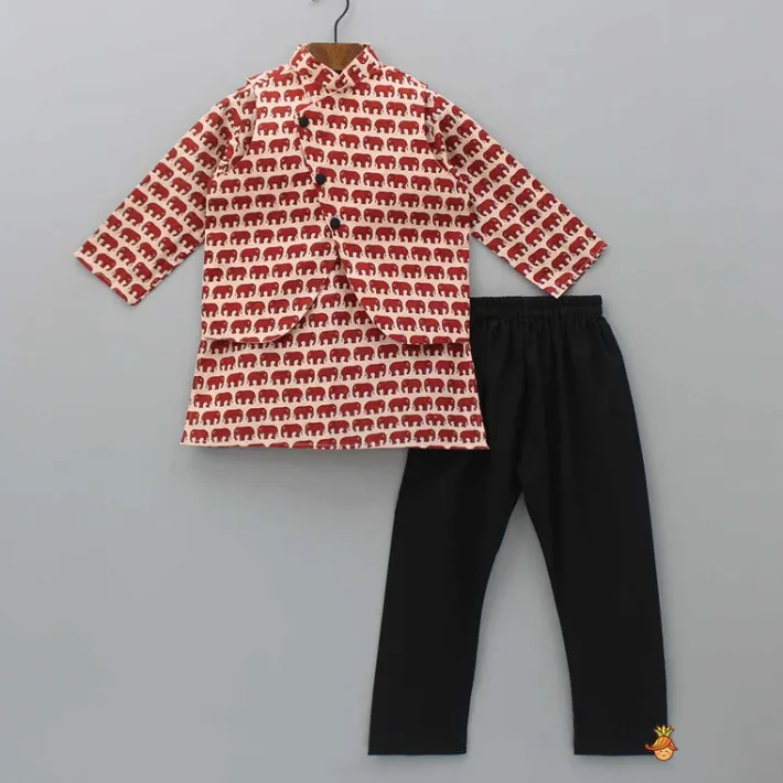 Outlet Animal Printed Kurta With Ethnic Jacket And Black Churidar BOY Indian Ethnic Wear | Ethnic Sets
