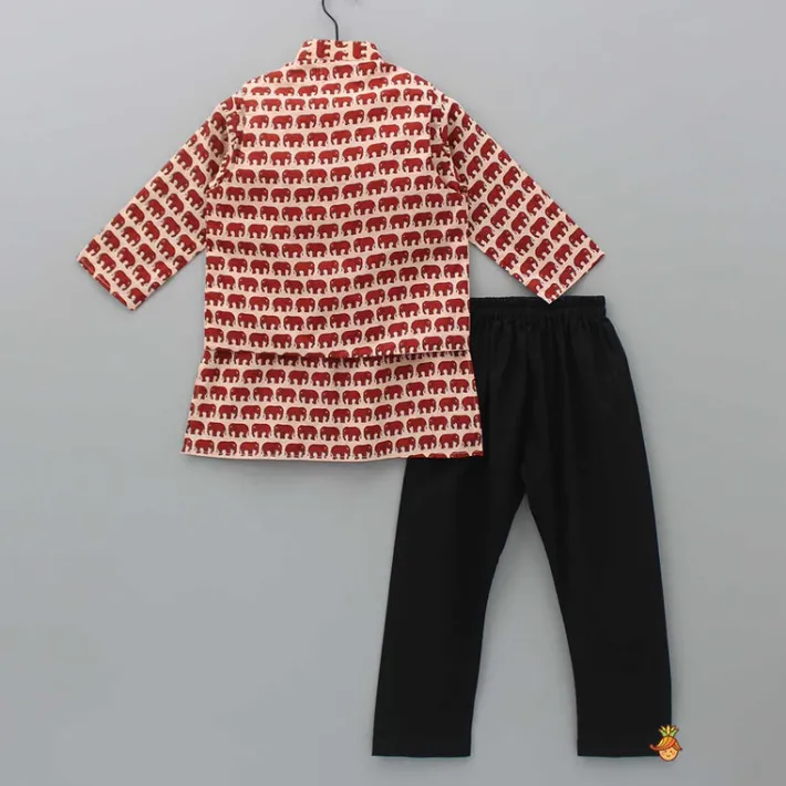 Outlet Animal Printed Kurta With Ethnic Jacket And Black Churidar BOY Indian Ethnic Wear | Ethnic Sets