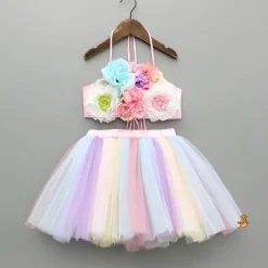 New Artificial Flowers Embellished Halter Neck Top And Multicoloured Skirt Dresses & Sets | Sets