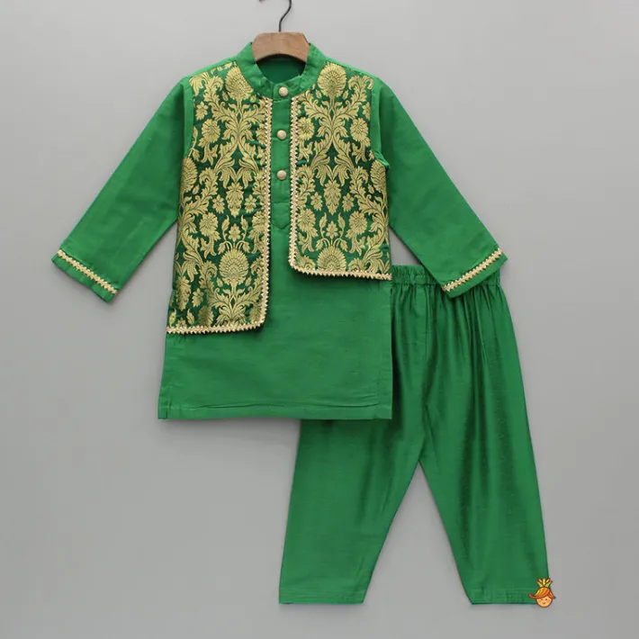 Clearance Attached Brocade Flap Green Kurta And Pyjama BOY Twinning Sets | Indian Ethnic Wear