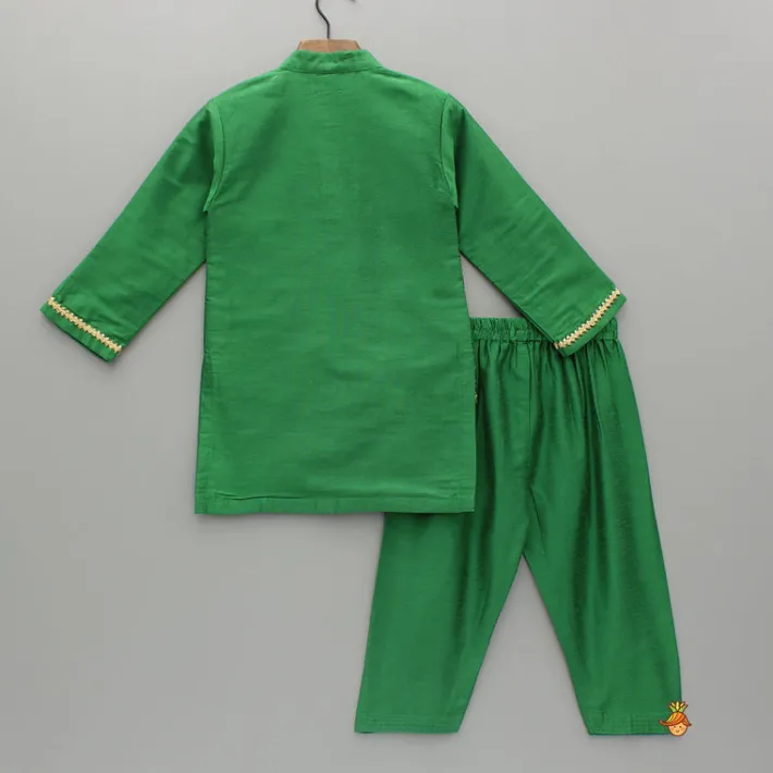 Clearance Attached Brocade Flap Green Kurta And Pyjama BOY Twinning Sets | Indian Ethnic Wear