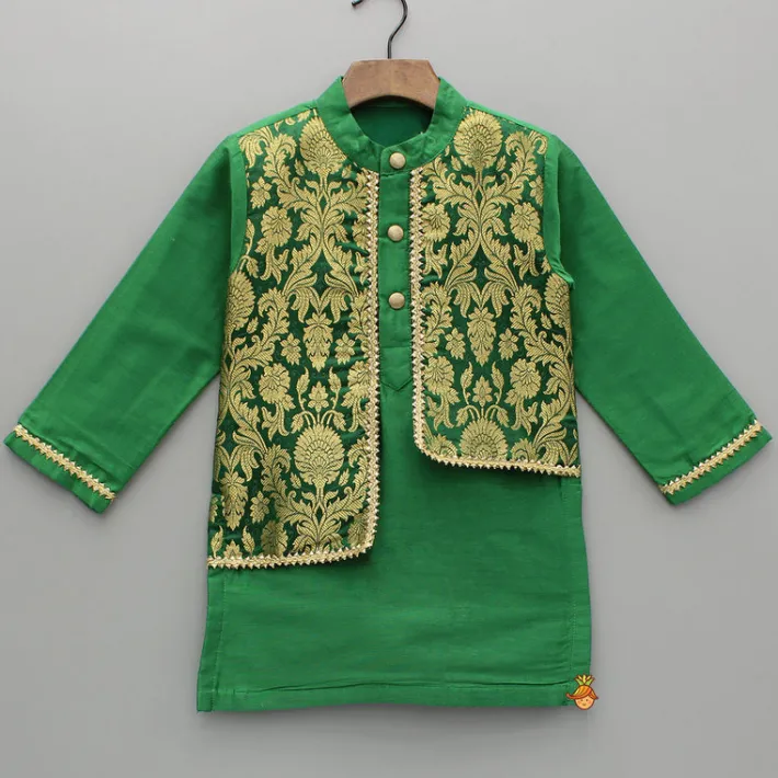 Clearance Attached Brocade Flap Green Kurta And Pyjama BOY Twinning Sets | Indian Ethnic Wear