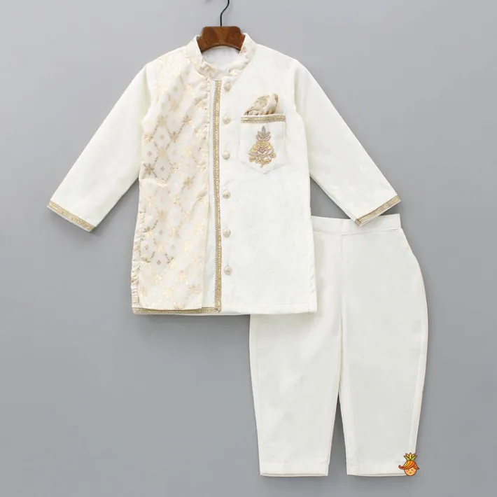 Fashion Attached Flap Off White Velvet Kurta And Pyjama BOY Indian Ethnic Wear | Ethnic Sets
