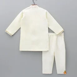 Clearance Attached Flap Off White Velvet Kurta And Pyjama BOY Indian Ethnic Wear | Ethnic Sets