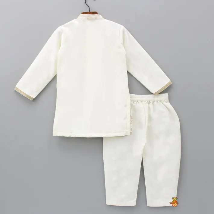 Fashion Attached Flap Off White Velvet Kurta And Pyjama BOY Indian Ethnic Wear | Ethnic Sets