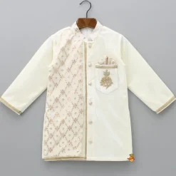 Clearance Attached Flap Off White Velvet Kurta And Pyjama BOY Indian Ethnic Wear | Ethnic Sets
