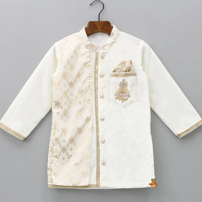 Fashion Attached Flap Off White Velvet Kurta And Pyjama BOY Indian Ethnic Wear | Ethnic Sets