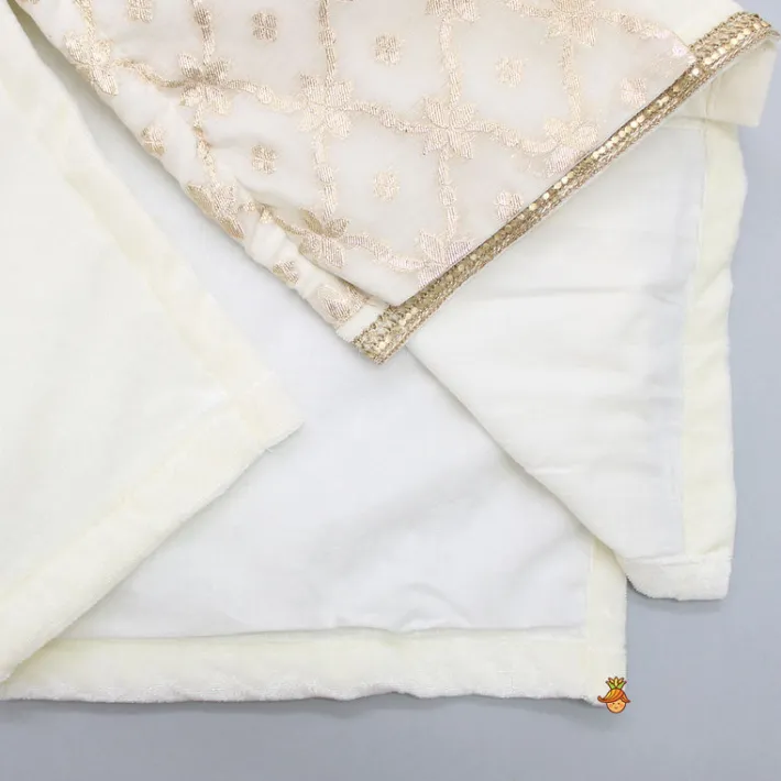 Fashion Attached Flap Off White Velvet Kurta And Pyjama BOY Indian Ethnic Wear | Ethnic Sets