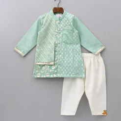 Clearance Attached Flap Patch Pocket Green Kurta And Off White Pyjama BOY Indian Ethnic Wear | Ethnic Sets