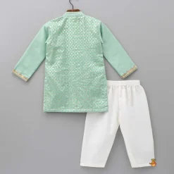Fashion Attached Flap Patch Pocket Green Kurta And Off White Pyjama BOY Indian Ethnic Wear | Ethnic Sets