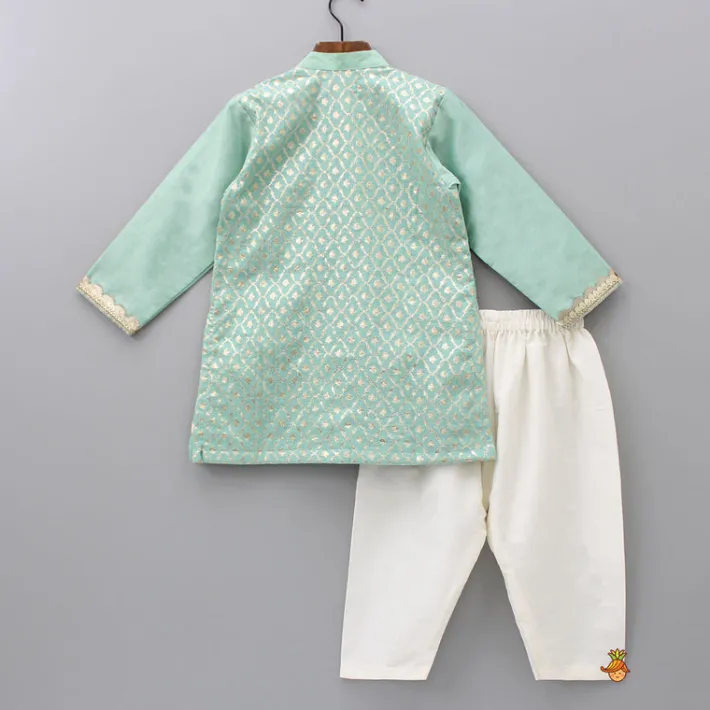 Clearance Attached Flap Patch Pocket Green Kurta And Off White Pyjama BOY Indian Ethnic Wear | Ethnic Sets