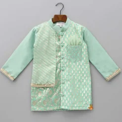 Fashion Attached Flap Patch Pocket Green Kurta And Off White Pyjama BOY Indian Ethnic Wear | Ethnic Sets