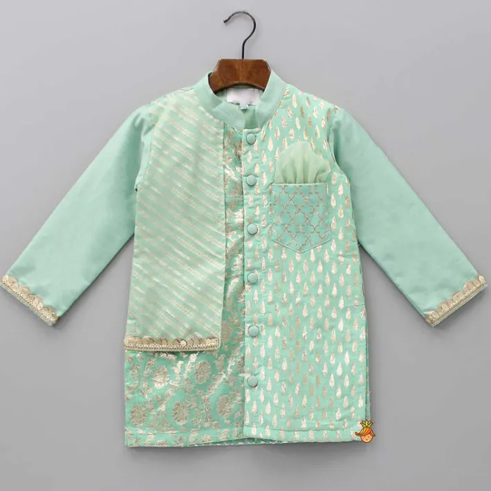 Fashion Attached Flap Patch Pocket Green Kurta And Off White Pyjama BOY Indian Ethnic Wear | Ethnic Sets
