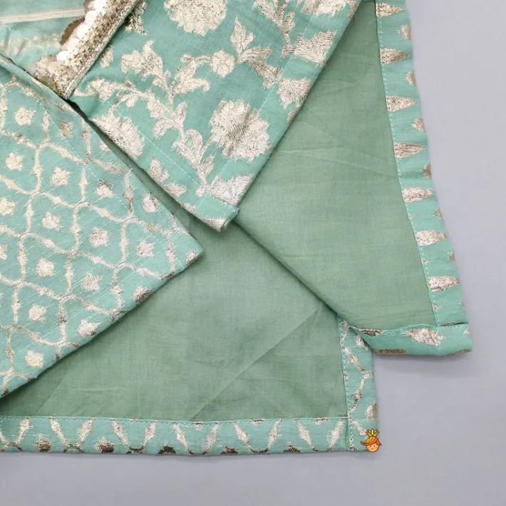 Clearance Attached Flap Patch Pocket Green Kurta And Off White Pyjama BOY Indian Ethnic Wear | Ethnic Sets