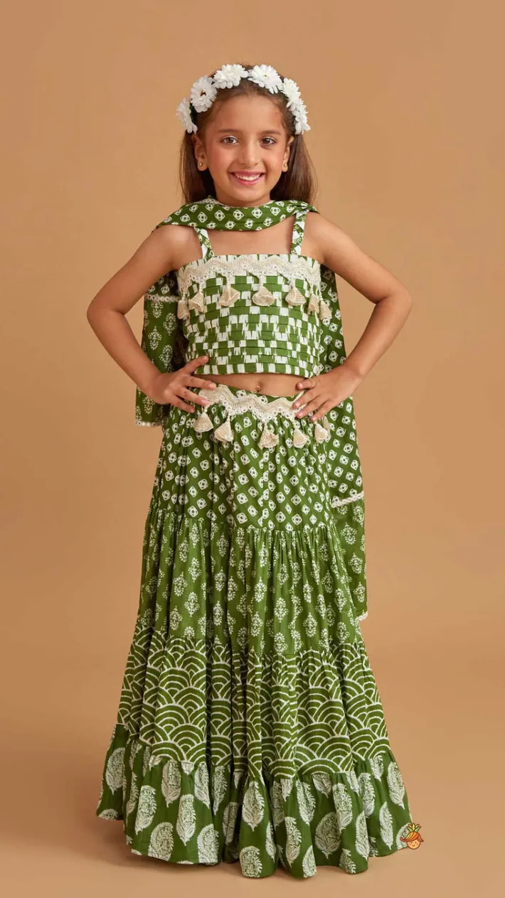 Fashion Back Criss Cross Knotted Green Top And Lehenga With Matching Dupatta Ethnic Wear | Lehengas & Ghagras