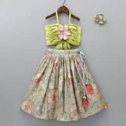 Outlet Back Knot Detail Stylish Green Floral Top And Heavy Sequins Embroidered Lehenga With Bow Hair Clip Ethnic Wear | Lehengas & Ghagras
