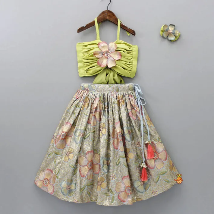 Outlet Back Knot Detail Stylish Green Floral Top And Heavy Sequins Embroidered Lehenga With Bow Hair Clip Ethnic Wear | Lehengas & Ghagras