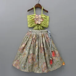 Outlet Back Knot Detail Stylish Green Floral Top And Heavy Sequins Embroidered Lehenga With Bow Hair Clip Ethnic Wear | Lehengas & Ghagras