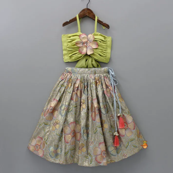 Outlet Back Knot Detail Stylish Green Floral Top And Heavy Sequins Embroidered Lehenga With Bow Hair Clip Ethnic Wear | Lehengas & Ghagras