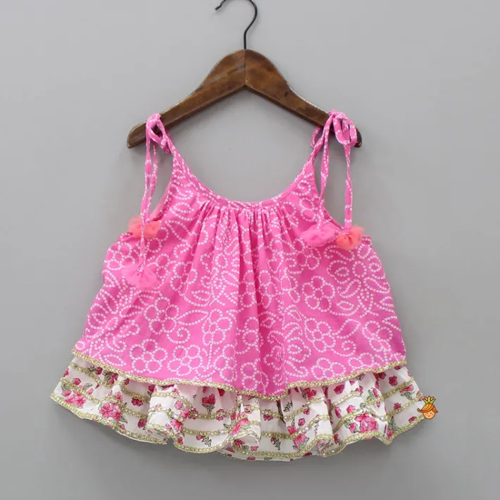 Sale Bandhani And Floral Printed Tie Up Strap Top And Lehenga Ethnic Wear | Lehengas & Ghagras
