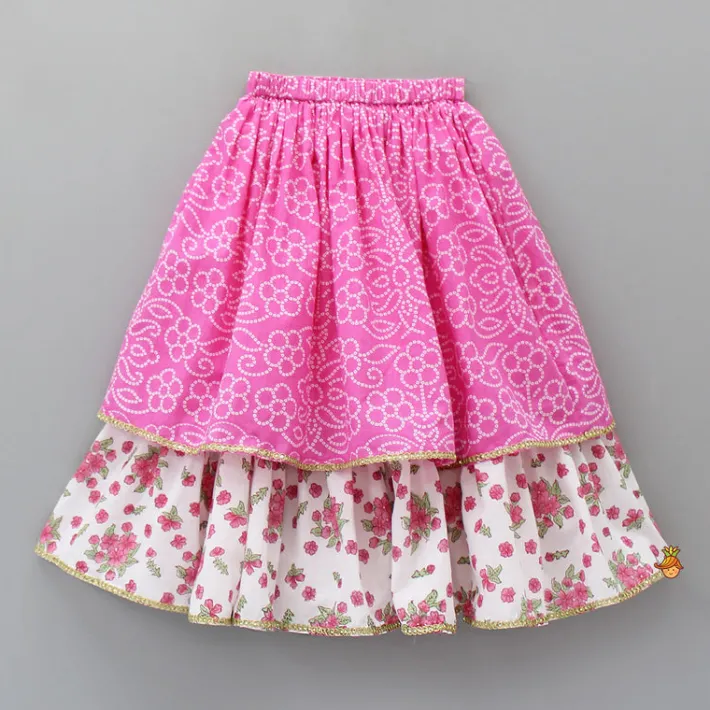Sale Bandhani And Floral Printed Tie Up Strap Top And Lehenga Ethnic Wear | Lehengas & Ghagras