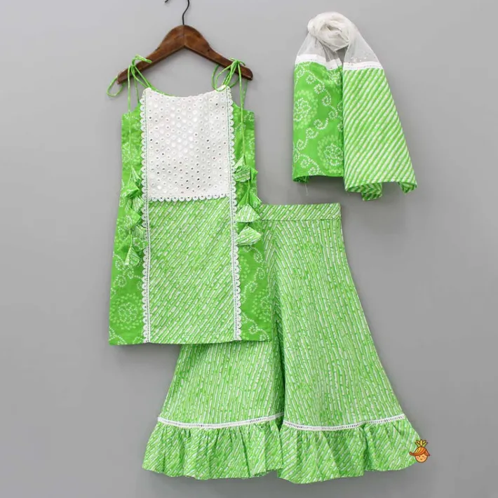 Best Bandhani And Leheriya Printed Green Kurti And Palazzo With Net Dupatta Twinning Sets | Ethnic Wear