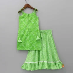 Best Bandhani And Leheriya Printed Green Kurti And Palazzo With Net Dupatta Twinning Sets | Ethnic Wear