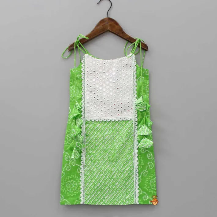 Best Bandhani And Leheriya Printed Green Kurti And Palazzo With Net Dupatta Twinning Sets | Ethnic Wear