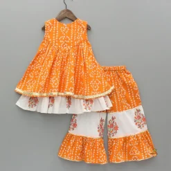 Outlet Bandhani Floral Printed Layered Kurti With Tiered Style Sharara And Dupatta Ethnic Wear | Palazzos & Shararas