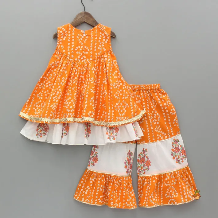 Outlet Bandhani Floral Printed Layered Kurti With Tiered Style Sharara And Dupatta Ethnic Wear | Palazzos & Shararas