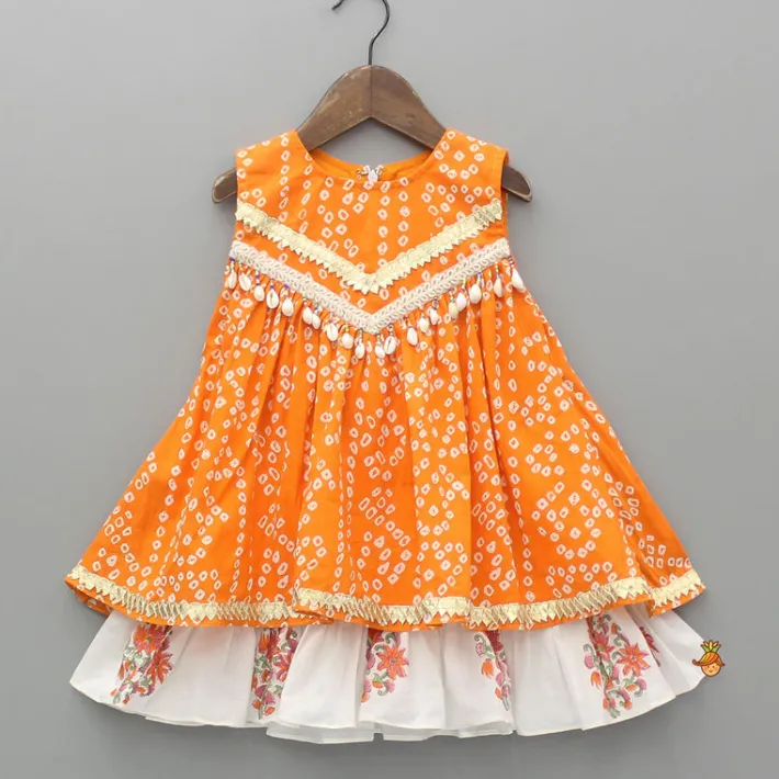 Outlet Bandhani Floral Printed Layered Kurti With Tiered Style Sharara And Dupatta Ethnic Wear | Palazzos & Shararas