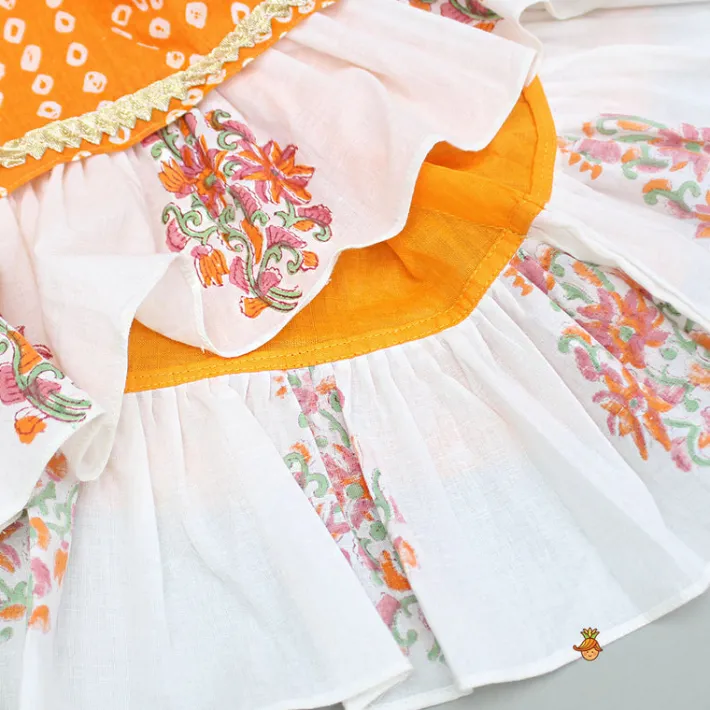 New Bandhani Floral Printed Layered Kurti With Tiered Style Sharara And Dupatta Ethnic Wear | Palazzos & Shararas
