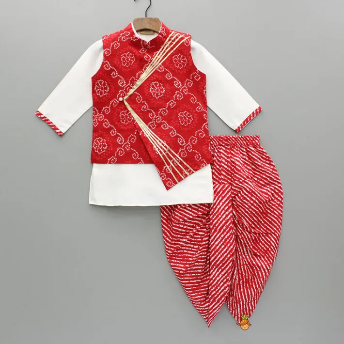Fashion Bandhani Printed Kurta With Red Jacket And Leheriya Dhoti BOY Indian Ethnic Wear | Ethnic Sets