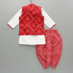 Fashion Bandhani Printed Kurta With Red Jacket And Leheriya Dhoti BOY Indian Ethnic Wear | Ethnic Sets