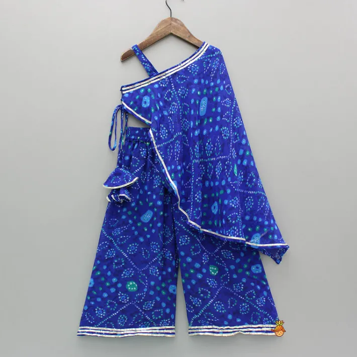 New Bandhani Printed One-Shoulder Drape Top And Flared Palazzo Ethnic Wear | Palazzos & Shararas